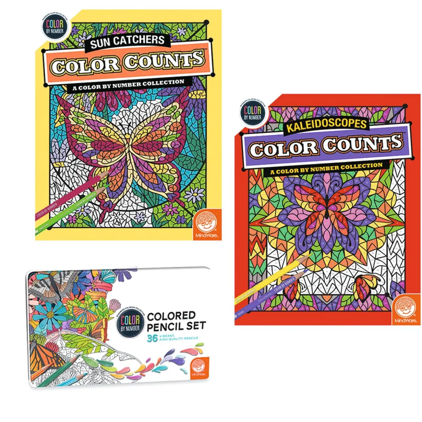 Color By Number Color Counts: Kaleidoscopes and Sun Catchers Set of 2 With Pencils
