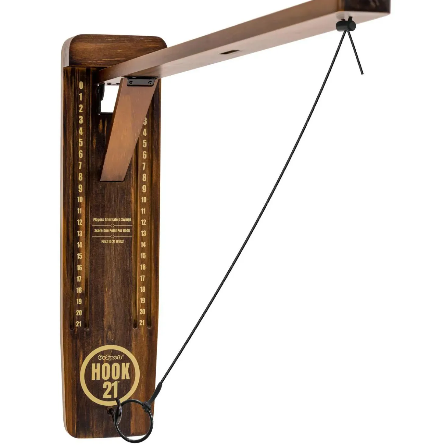GoSports Hook21 Ring Swing Game Brown - Indoor or Outdoor Ring Toss Game with Foldable Arm